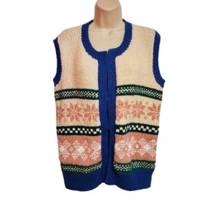 Vintage Hand Crafted Knit Cardigan Vest Ivory Blue Large